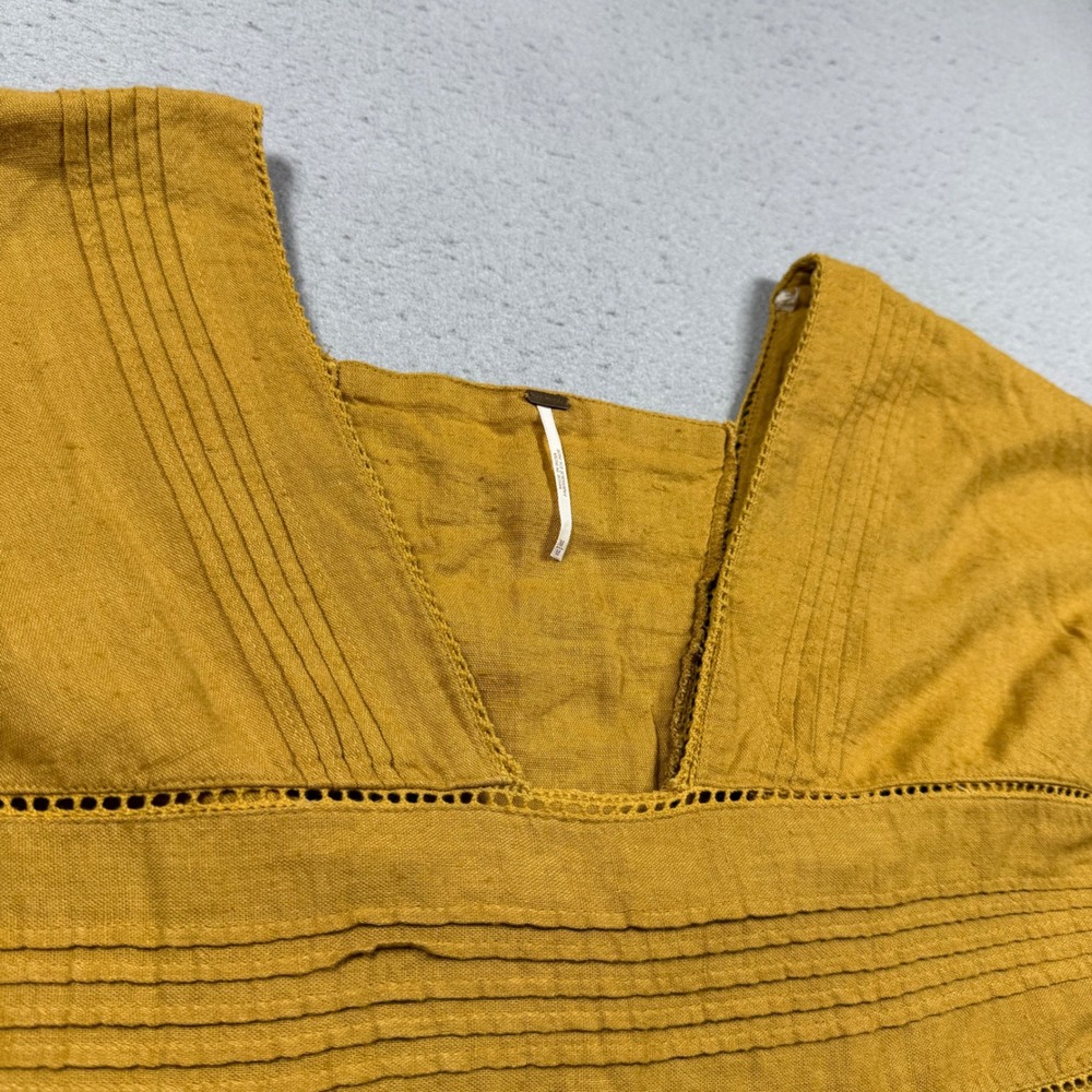 Free People Mustard Yellow Boho Pintuck Lace Trim V-Neck Blouse Top Womens M